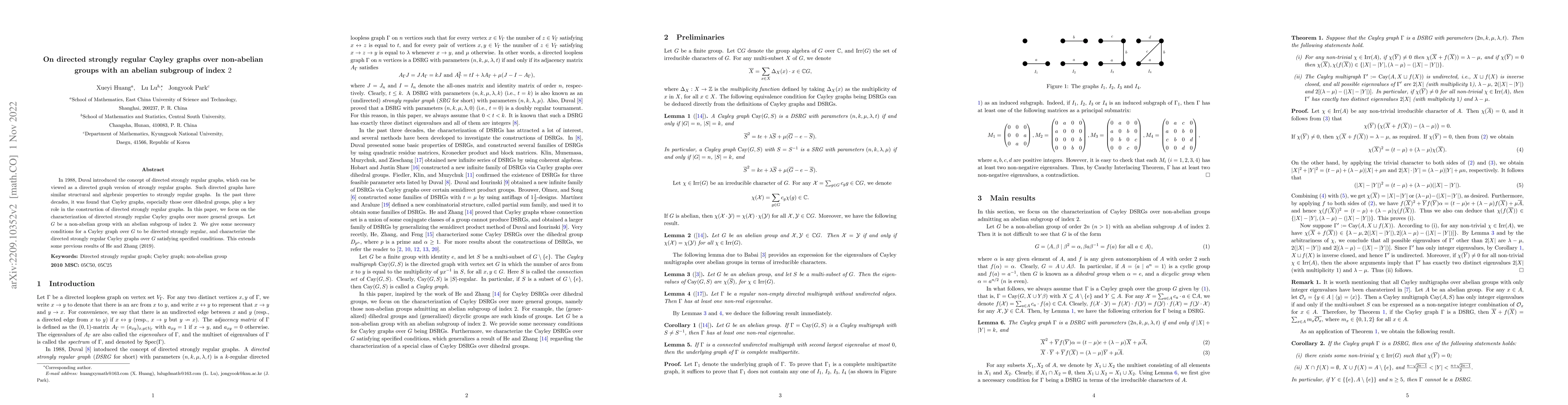 Thumbnail for On directed strongly regular Cayley graphs over non-abelian groups with
  an abelian subgroup of index $2$