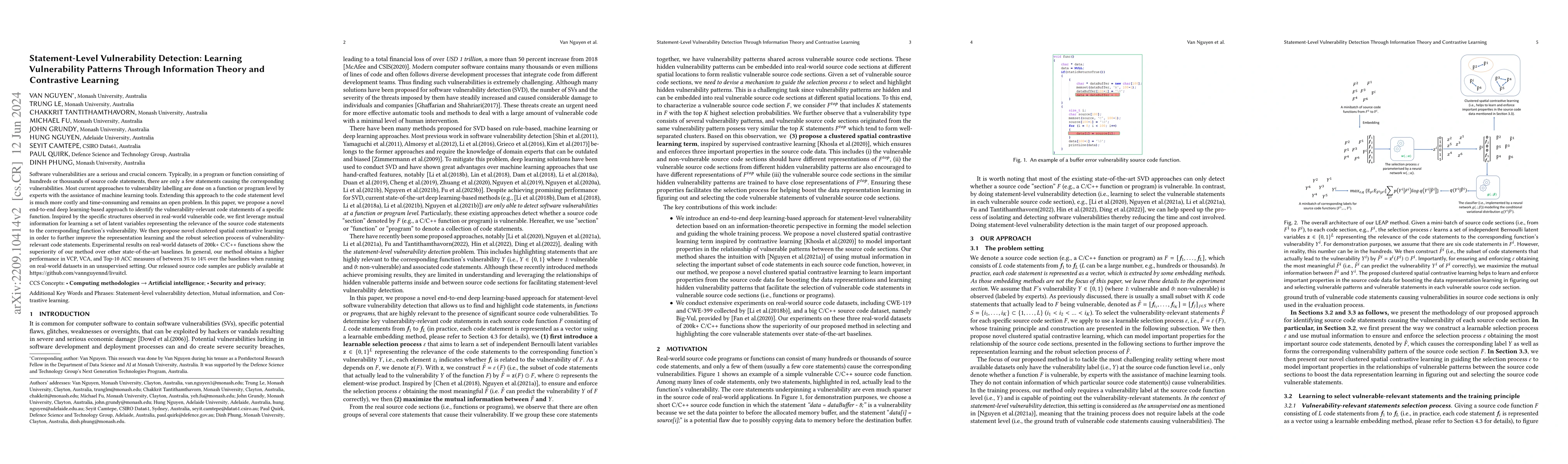 Thumbnail for Statement-Level Vulnerability Detection: Learning Vulnerability Patterns
  Through Information Theory and Contrastive Learning