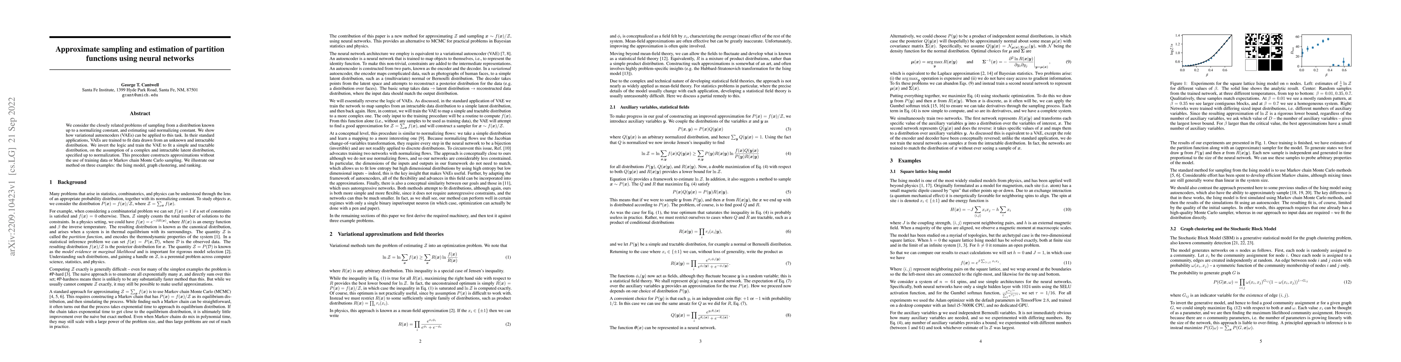 Thumbnail for Approximate sampling and estimation of partition functions using neural
  networks