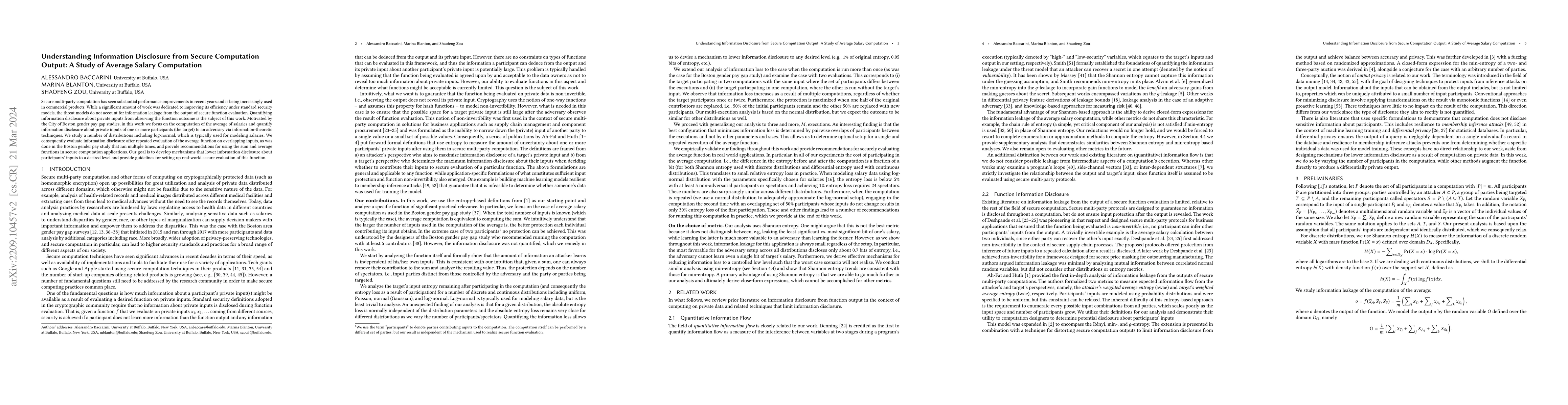 Thumbnail for Understanding Information Disclosure from Secure Computation Output: A
  Study of Average Salary Computation