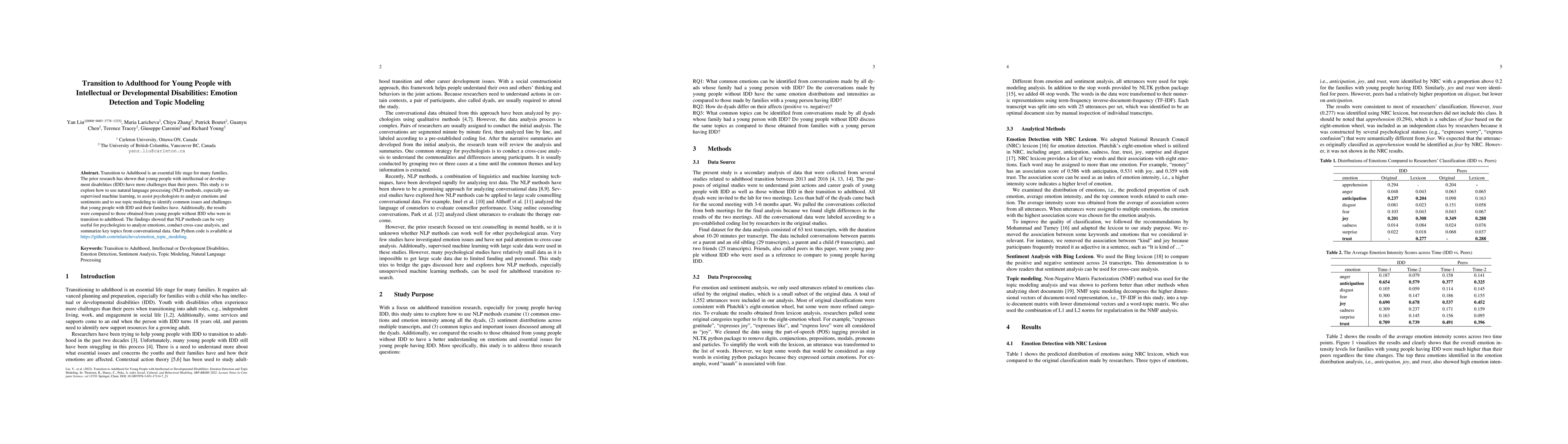 Thumbnail for Transition to Adulthood for Young People with Intellectual or
  Developmental Disabilities: Emotion Detection and Topic Modeling