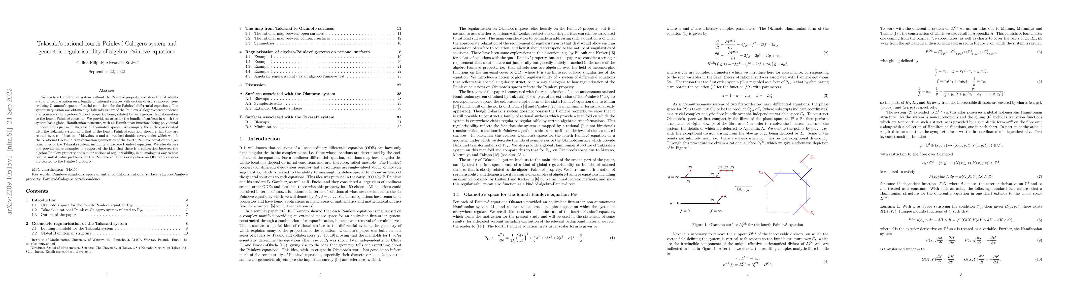 Thumbnail for Takasaki's rational fourth Painlev\'e-Calogero system and geometric
  regularisability of algebro-Painlev\'e equations