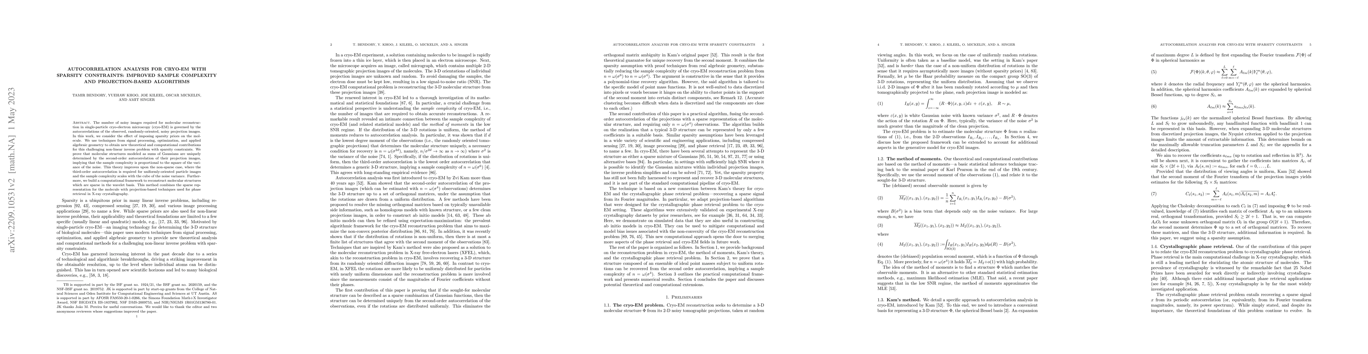 Thumbnail for Autocorrelation analysis for cryo-EM with sparsity constraints: Improved
  sample complexity and projection-based algorithms