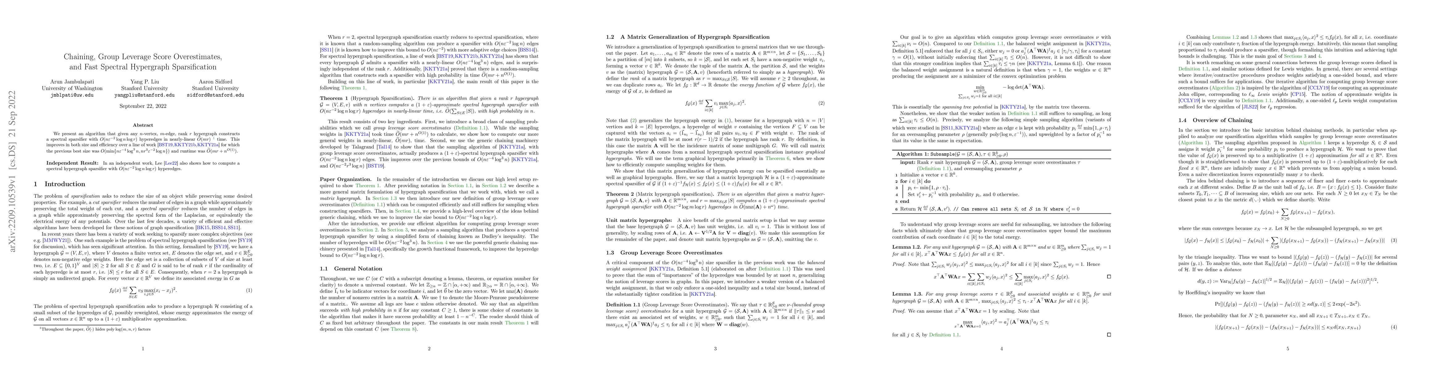 Thumbnail for Chaining, Group Leverage Score Overestimates, and Fast Spectral
  Hypergraph Sparsification