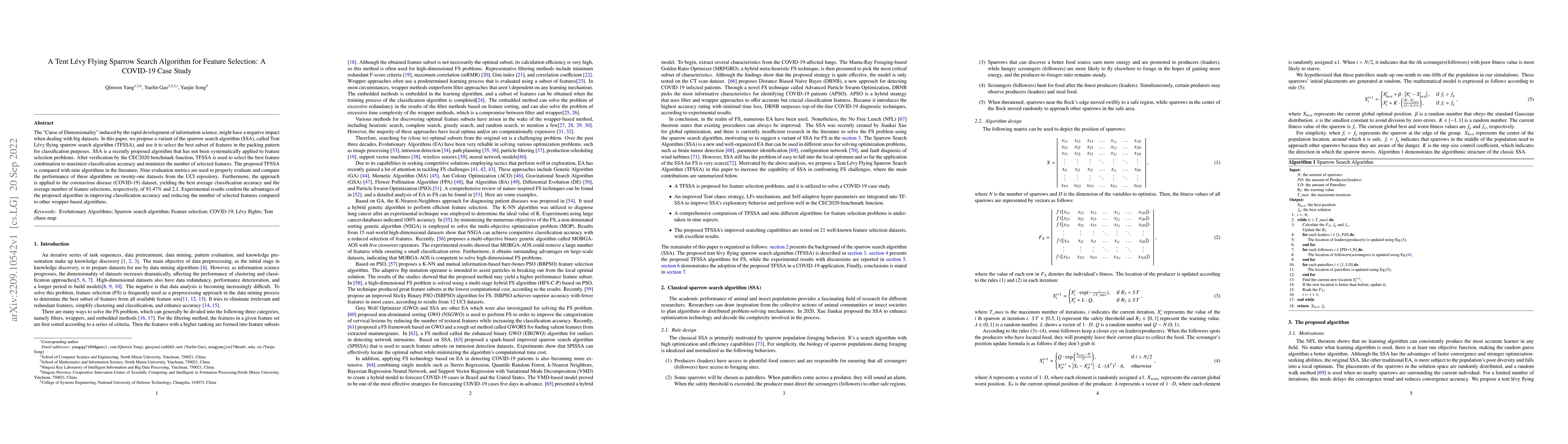 Thumbnail for A Tent L\'evy Flying Sparrow Search Algorithm for Feature Selection: A
  COVID-19 Case Study