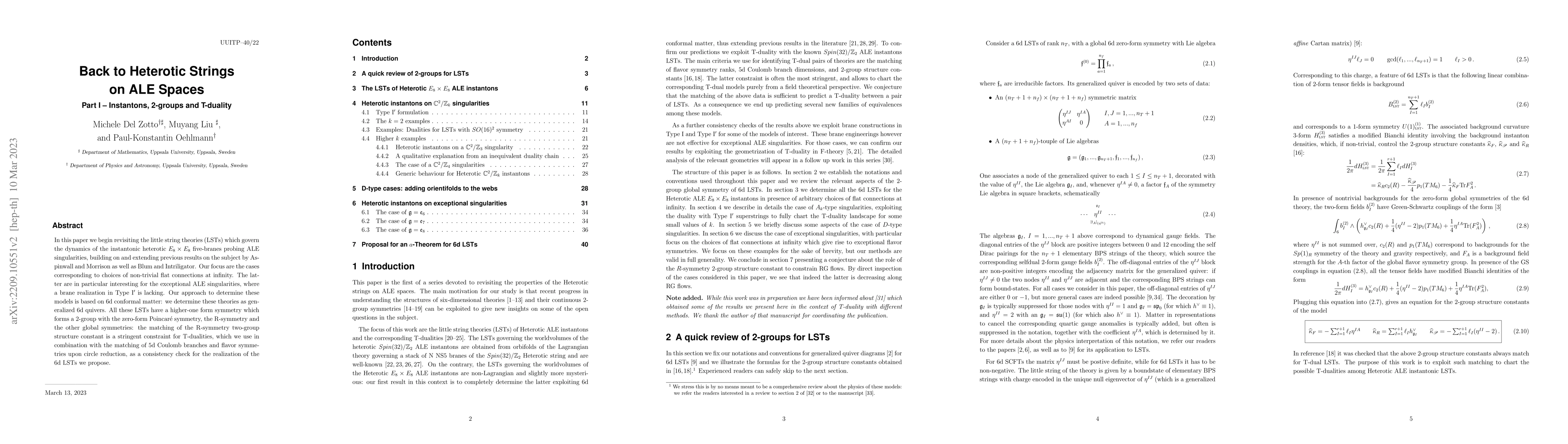 Thumbnail for Back to Heterotic Strings on ALE Spaces: Part I -- Instantons, 2-groups
  and T-duality
