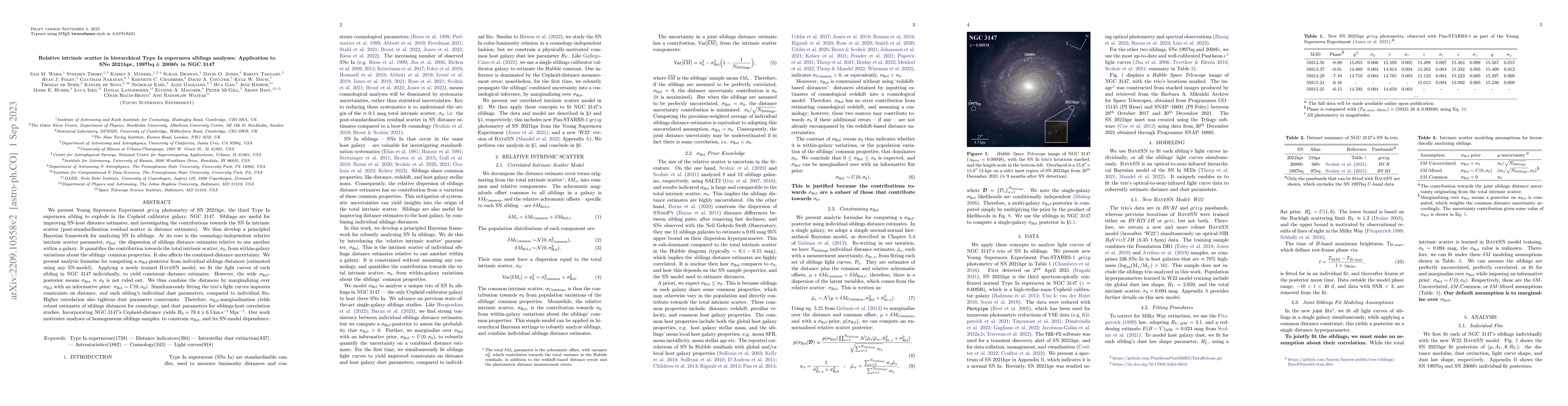 Thumbnail for Relative intrinsic scatter in hierarchical Type Ia supernova siblings
  analyses: Application to SNe 2021hpr, 1997bq & 2008fv in NGC 3147