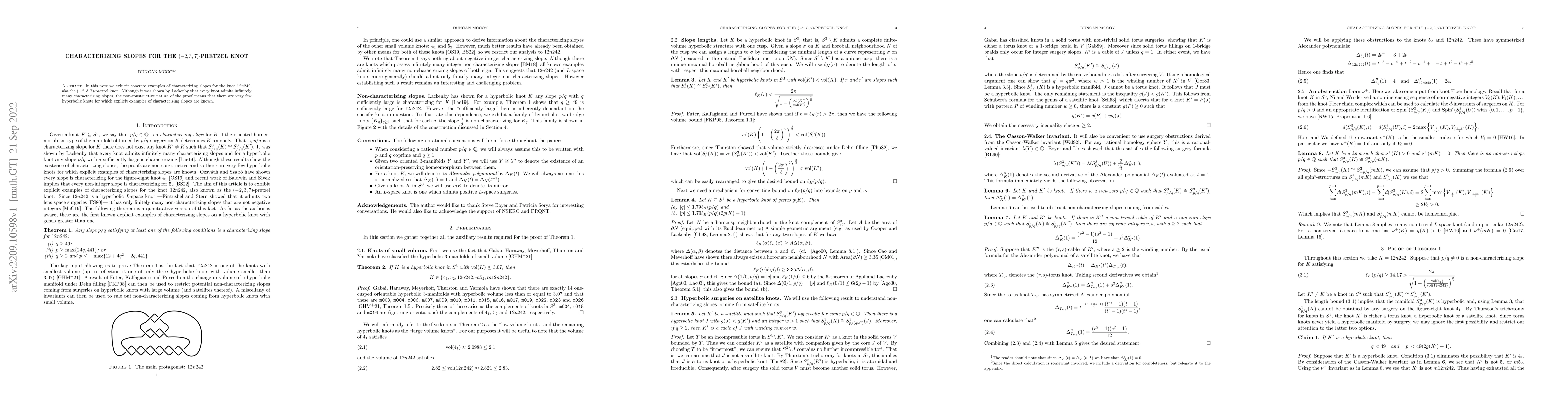 Thumbnail for Characterizing slopes for the $(-2,3,7)$-pretzel knot