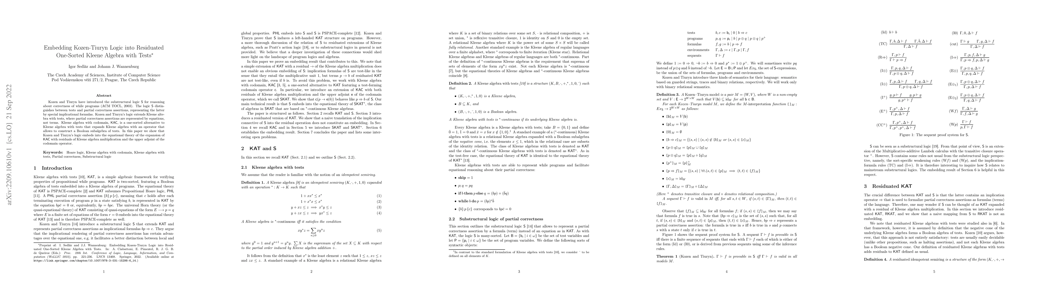 Thumbnail for Embedding Kozen-Tiuryn Logic into Residuated One-Sorted Kleene Algebra
  with Tests