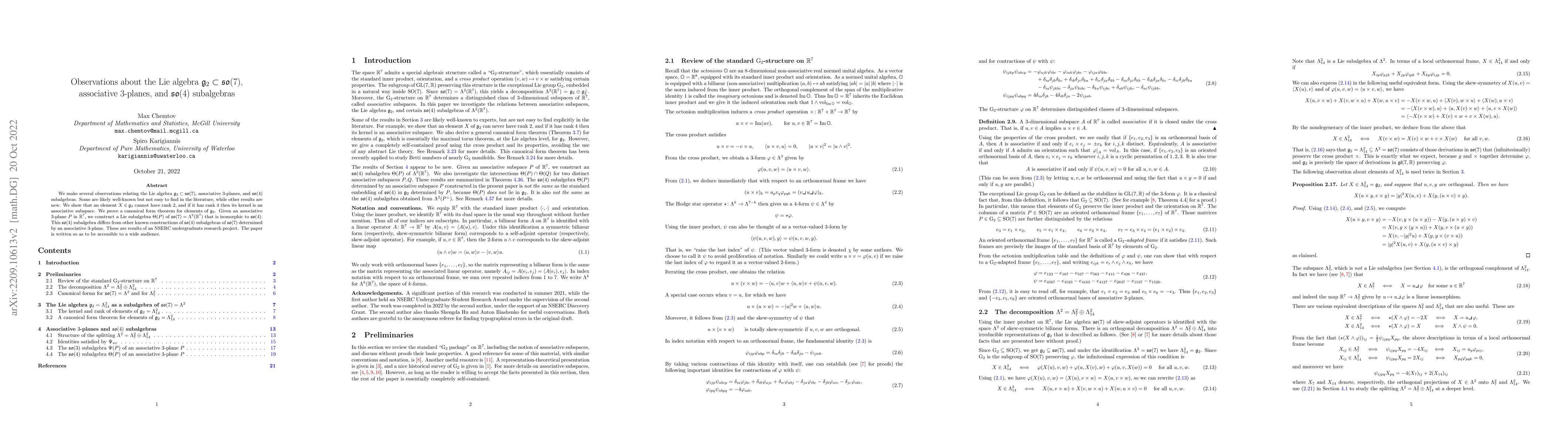 Thumbnail for Observations about the Lie algebra $\mathfrak{g}_2 \subset
  \mathfrak{so}(7)$, associative $3$-planes, and $\mathfrak{so}(4)$ subalgebras