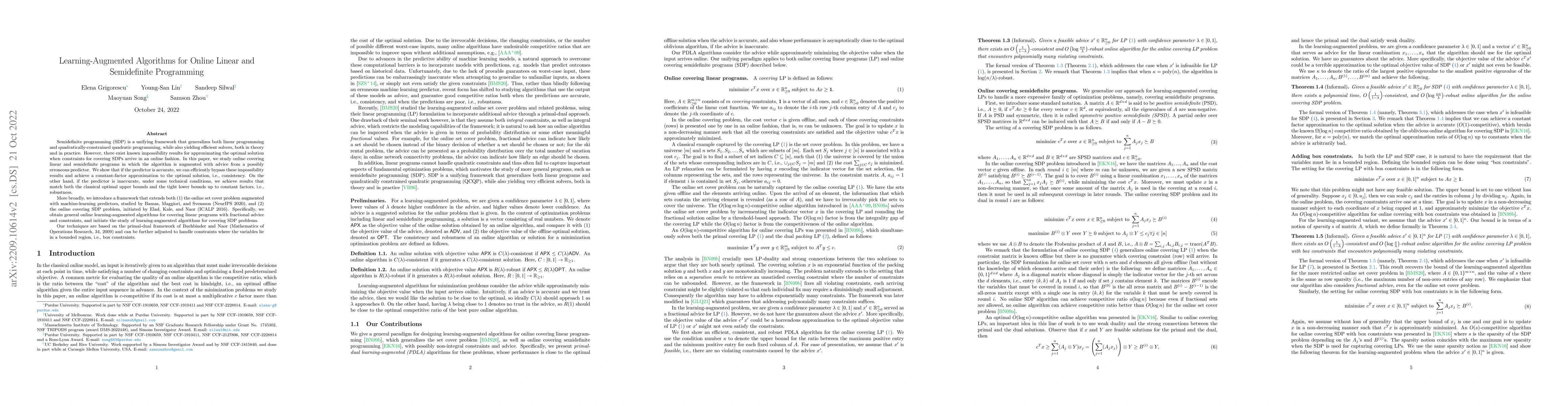 Thumbnail for Learning-Augmented Algorithms for Online Linear and Semidefinite
  Programming