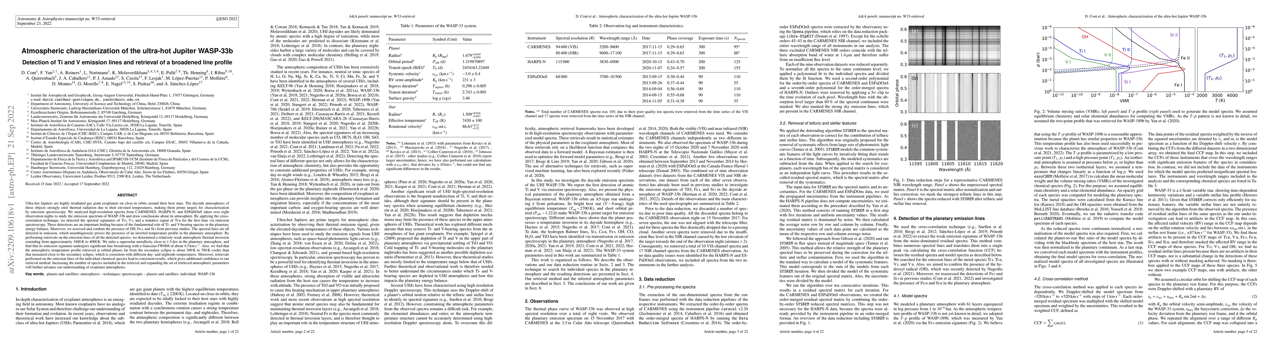 Thumbnail for Atmospheric characterization of the ultra-hot Jupiter WASP-33b:
  Detection of Ti and V emission lines and retrieval of a broadened line
  profile