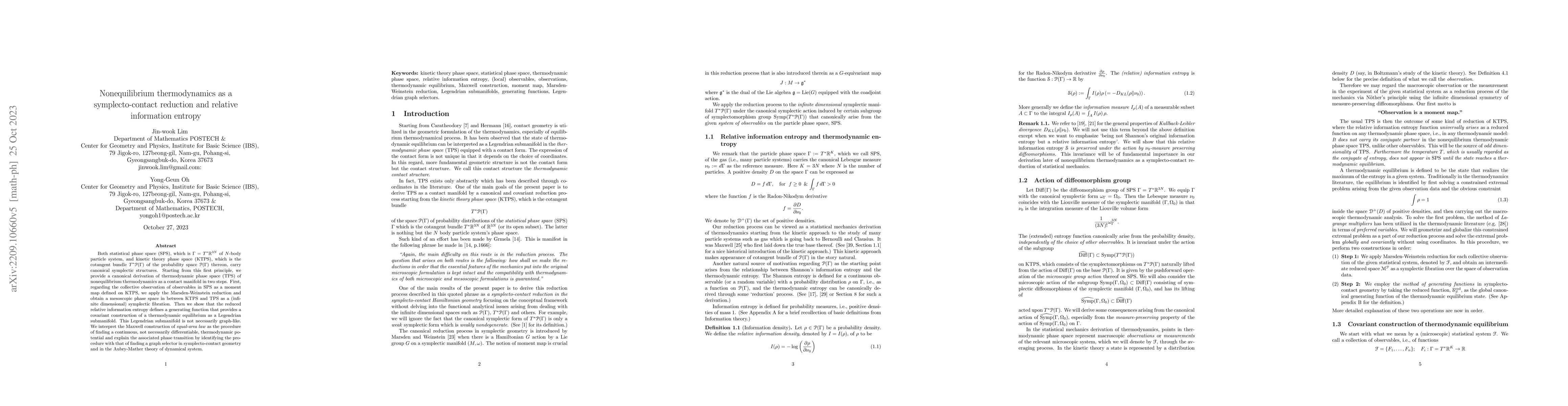 Thumbnail for Nonequilibrium thermodynamics as a symplecto-contact reduction and
  relative information entropy