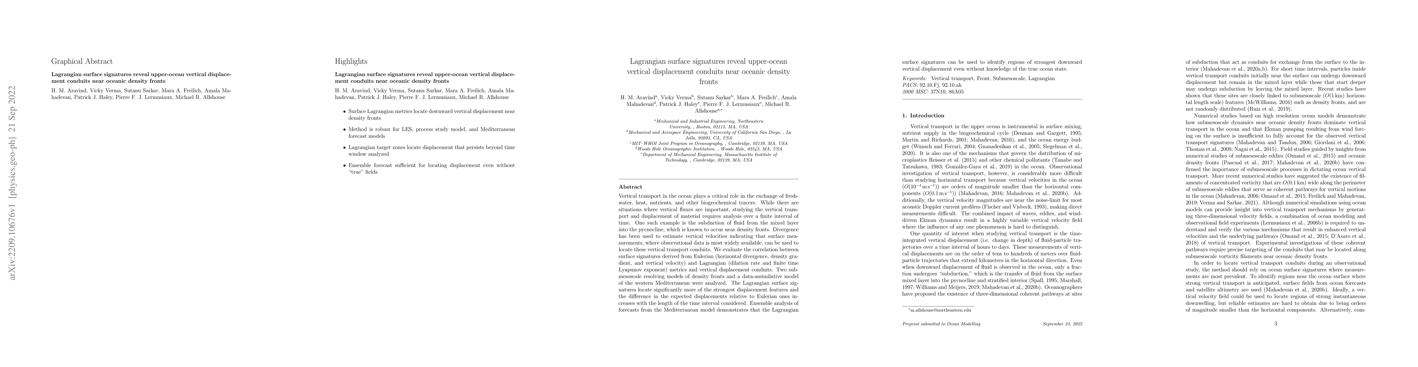Thumbnail for Lagrangian surface signatures reveal upper-ocean vertical displacement
  conduits near oceanic density fronts