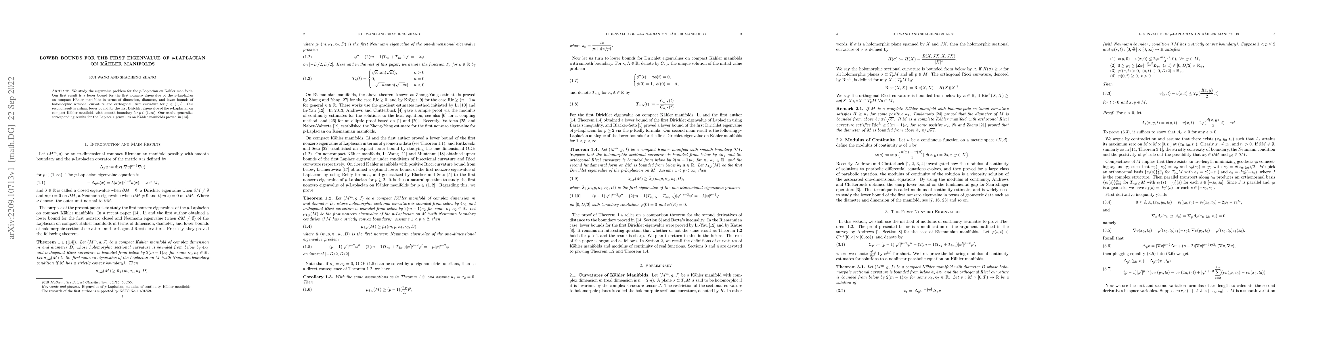 Thumbnail for Lower bounds for the first eigenvalue of $p$-Laplacian on K\"ahler
  manifolds