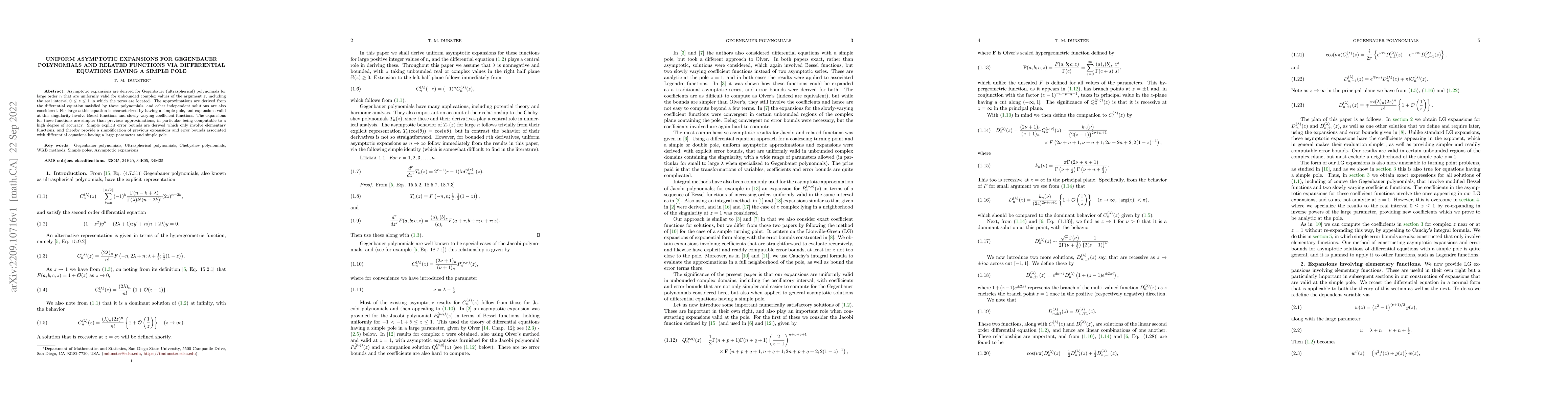 Thumbnail for Uniform asymptotic expansions for Gegenbauer polynomials and related
  functions via differential equations having a simple pole