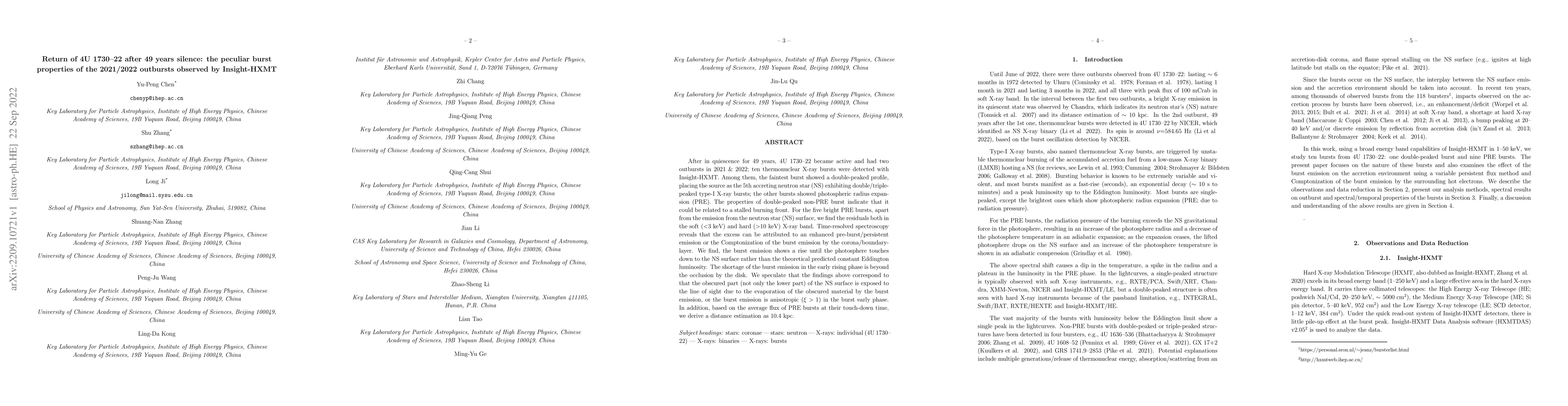 Thumbnail for Return of 4U~1730--22 after 49 years silence: the peculiar burst
  properties of the 2021/2022 outbursts observed by Insight-HXMT