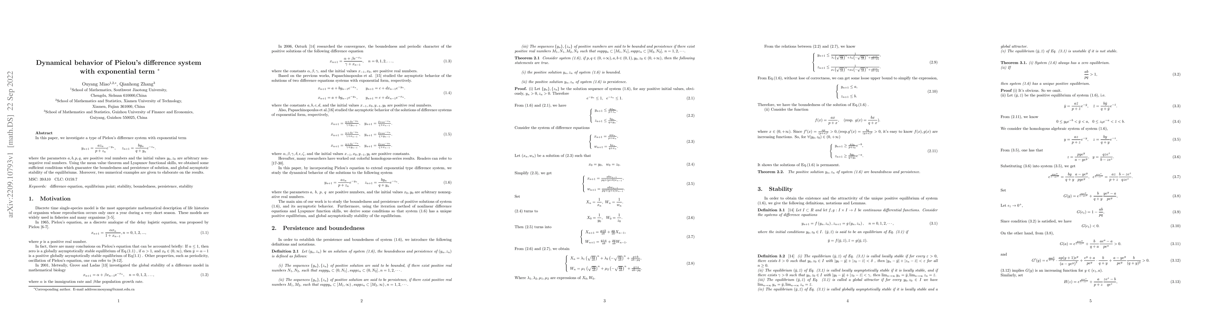 Thumbnail for Dynamical behavior of Pielou's difference system with exponential term