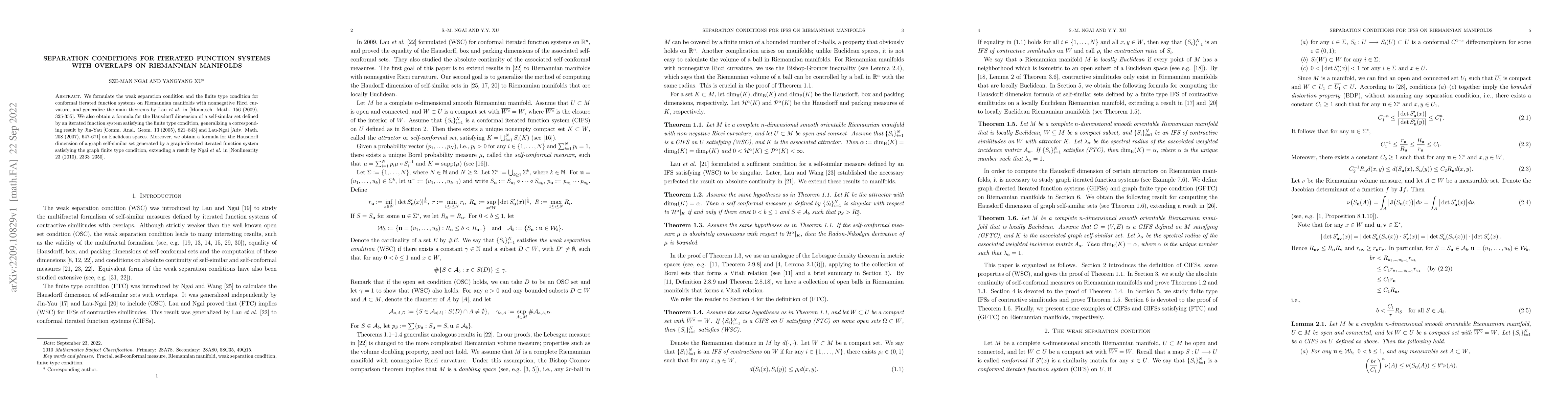 Thumbnail for Separation conditions for iterated function systems with overlaps on
  Riemannian manifolds