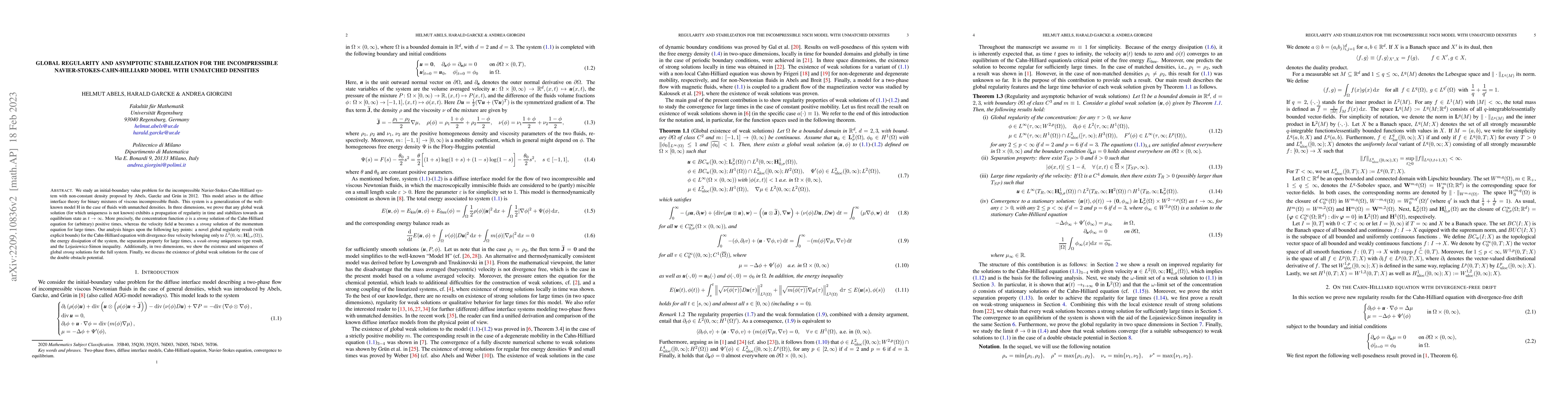 Thumbnail for Global regularity and asymptotic stabilization for the incompressible
  Navier-Stokes-Cahn-Hilliard model with unmatched densities