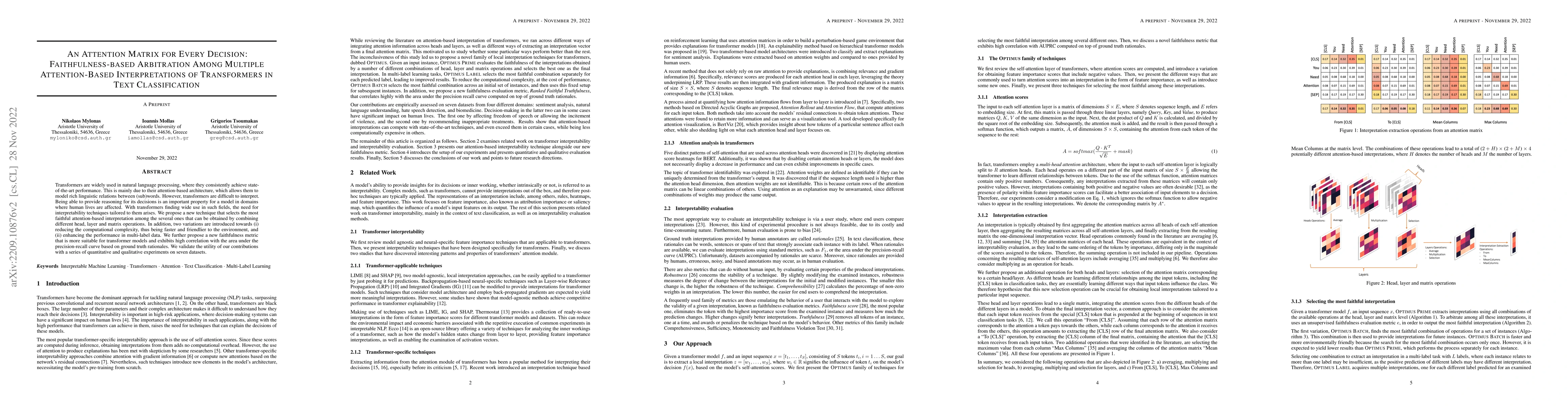 Thumbnail for An Attention Matrix for Every Decision: Faithfulness-based Arbitration
  Among Multiple Attention-Based Interpretations of Transformers in Text
  Classification