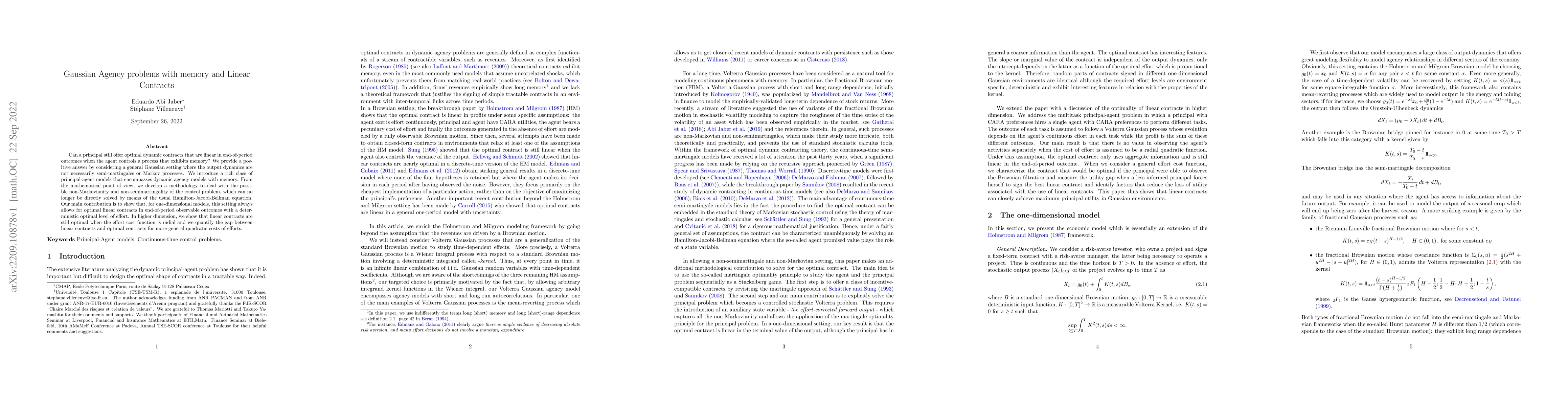 Thumbnail for Gaussian Agency problems with memory and Linear Contracts