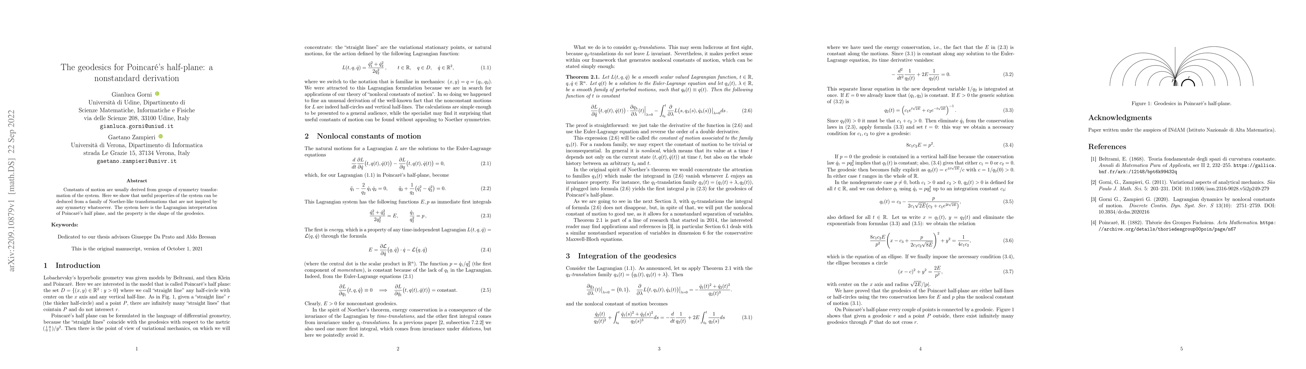 Thumbnail for The geodesics for Poincar\'e's half-plane: a nonstandard derivation
