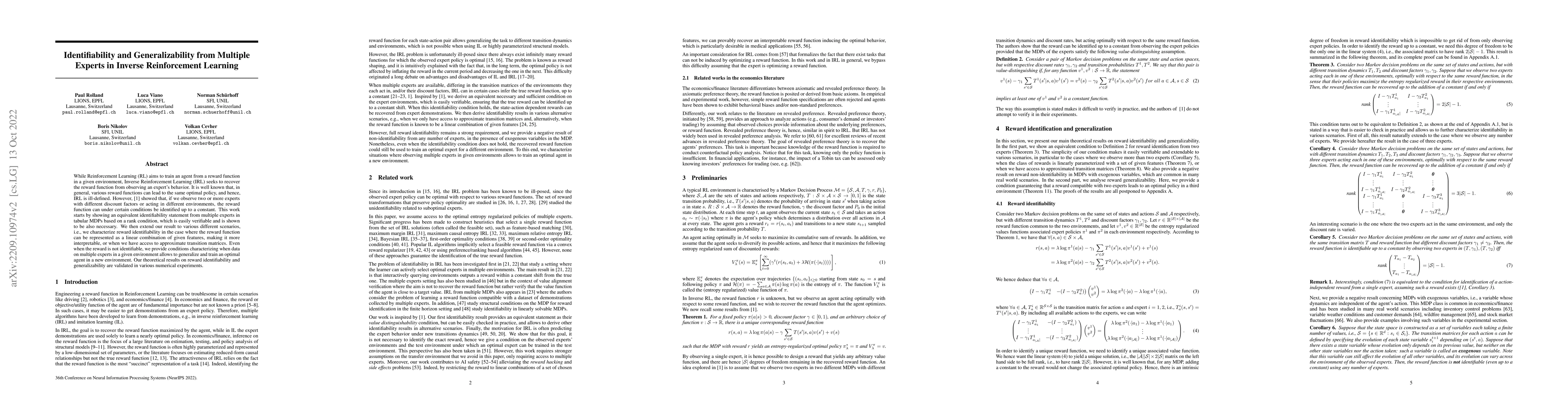 Thumbnail for Identifiability and generalizability from multiple experts in Inverse
  Reinforcement Learning