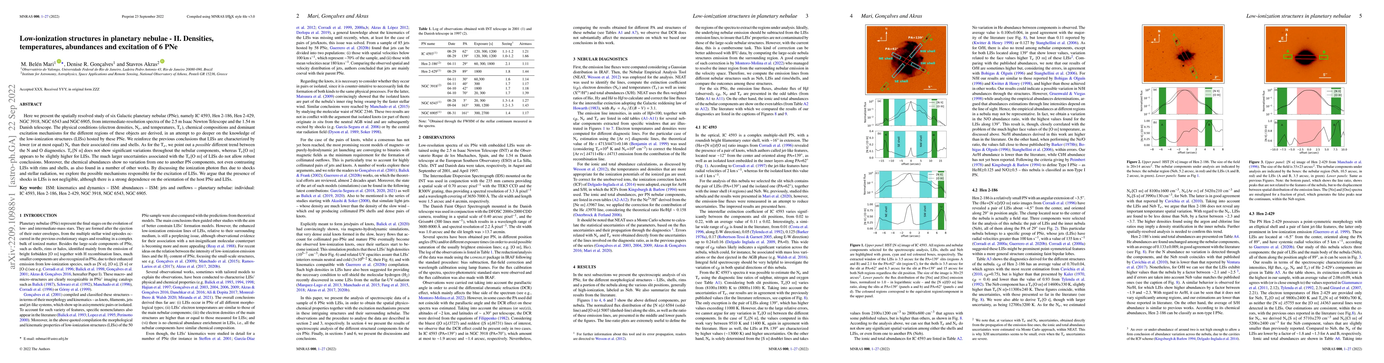 Thumbnail for Low-ionization structures in planetary nebulae -- II. Densities,
  temperatures, abundances and excitation of 6 PNe