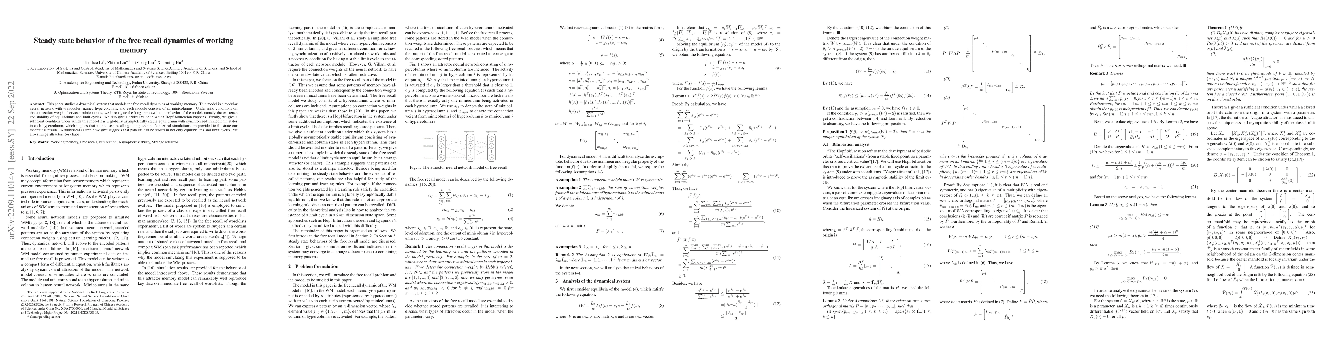 Thumbnail for Steady state behavior of the free recall dynamics of working memory