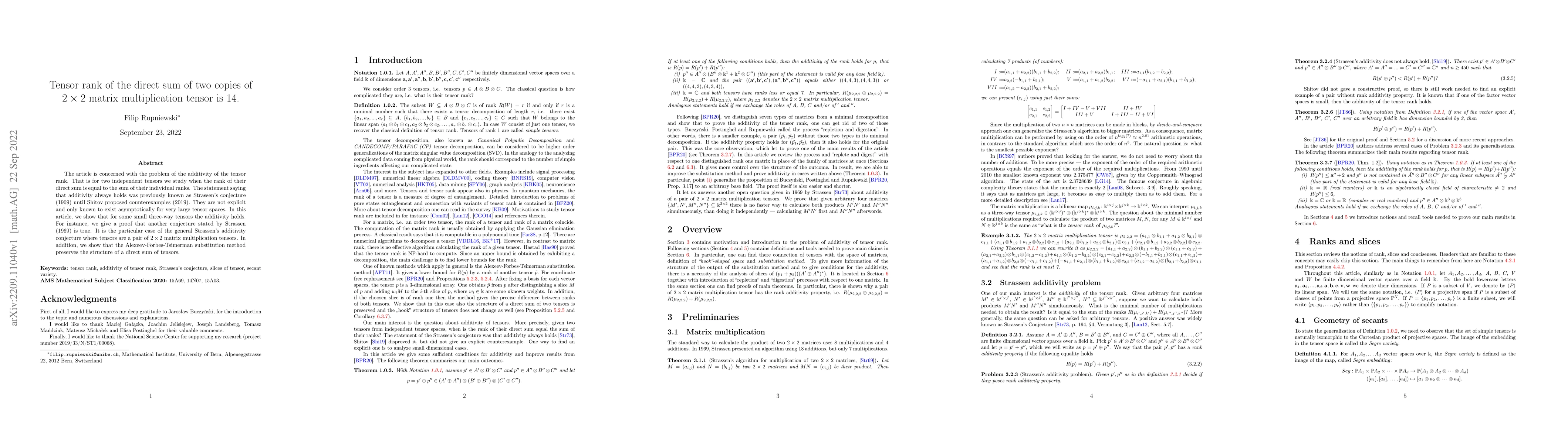 Thumbnail for Tensor rank of the direct sum of two copies of $2 \times 2$ matrix
  multiplication tensor is 14