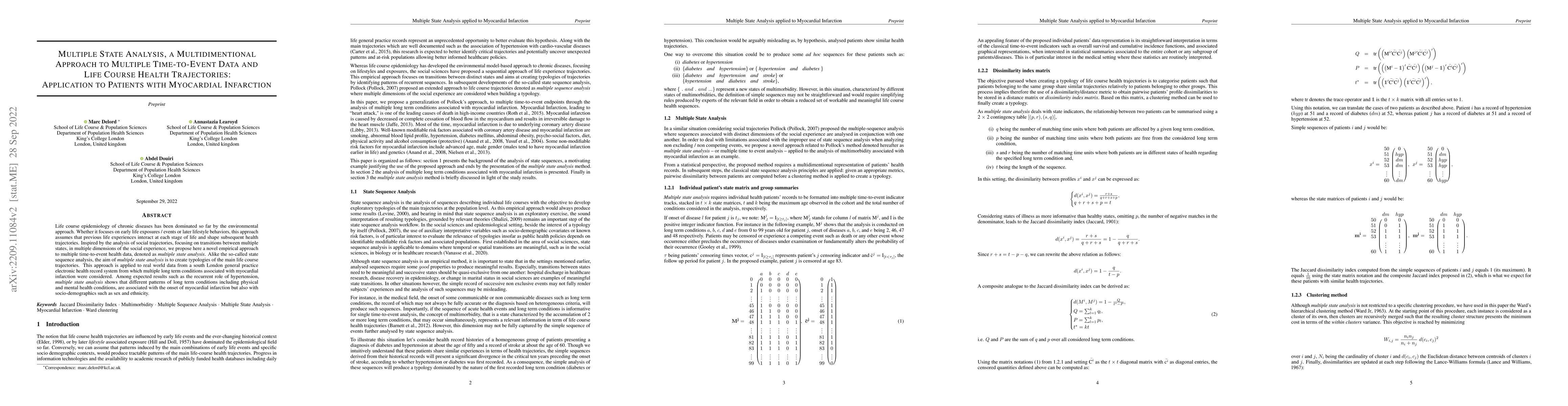 Thumbnail for Multiple State Analysis, a Multidimentional Approach to Multiple
  Time-to-Event Data and Life Course Health Trajectories: Application to
  Patients with Myocardial Infarction