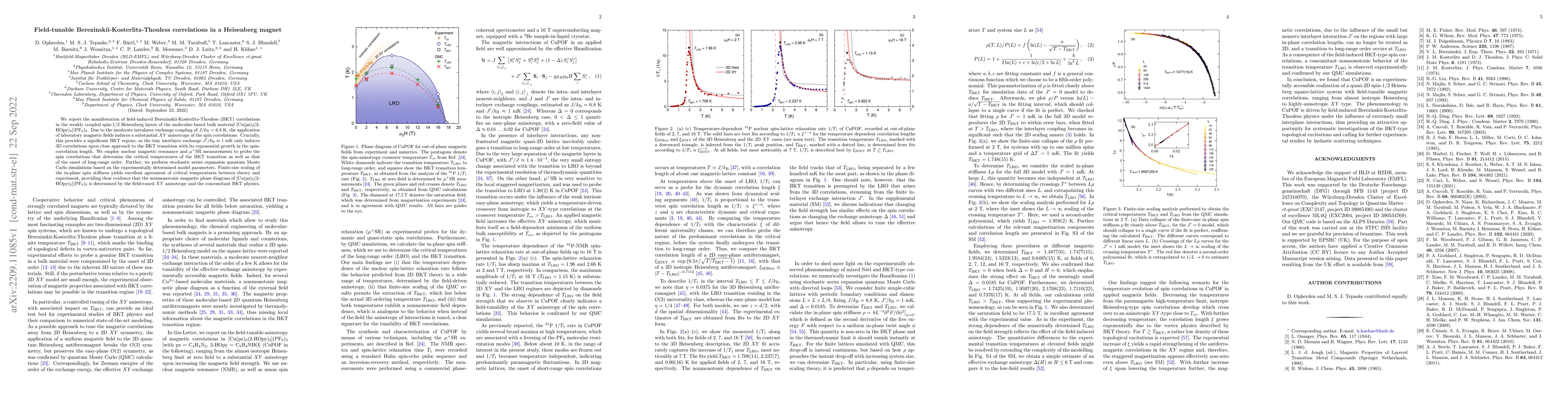 Thumbnail for Field-tunable Berezinskii-Kosterlitz-Thouless correlations in a
  Heisenberg magnet