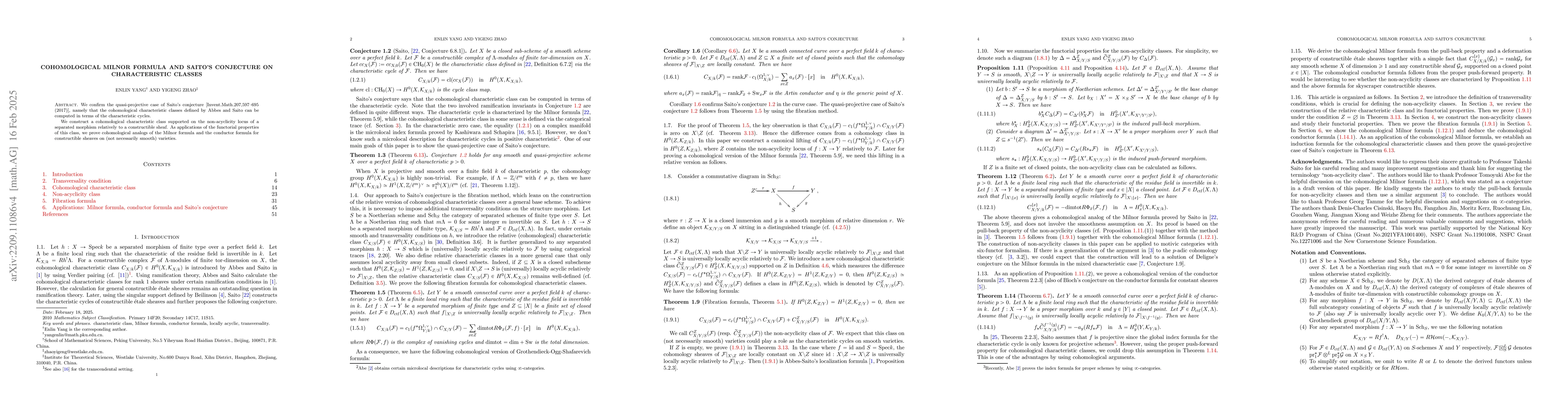 Thumbnail for Cohomological Milnor formula and Saito's conjecture on characteristic
  classes