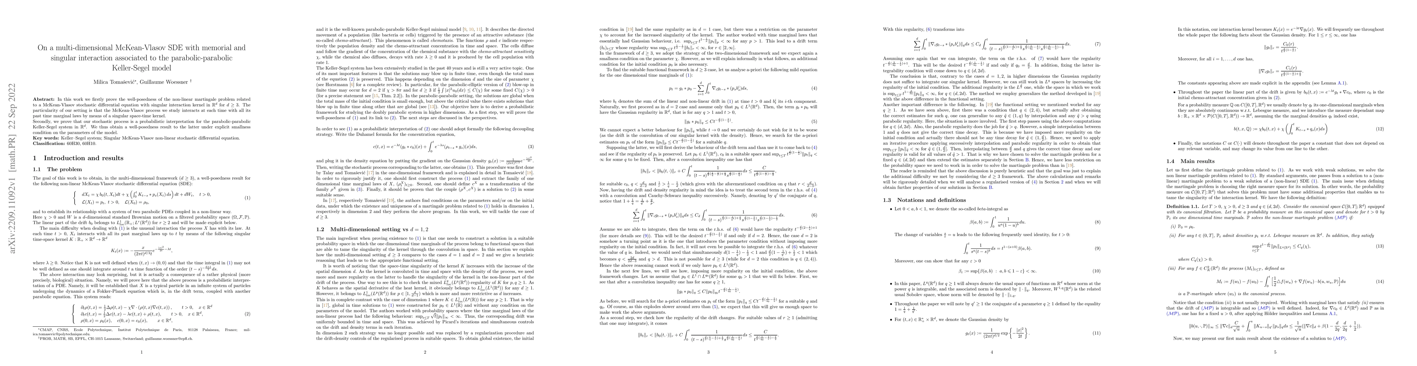 Thumbnail for On a multi-dimensional McKean-Vlasov SDE with memorial and singular
  interaction associated to the parabolic-parabolic Keller-Segel model