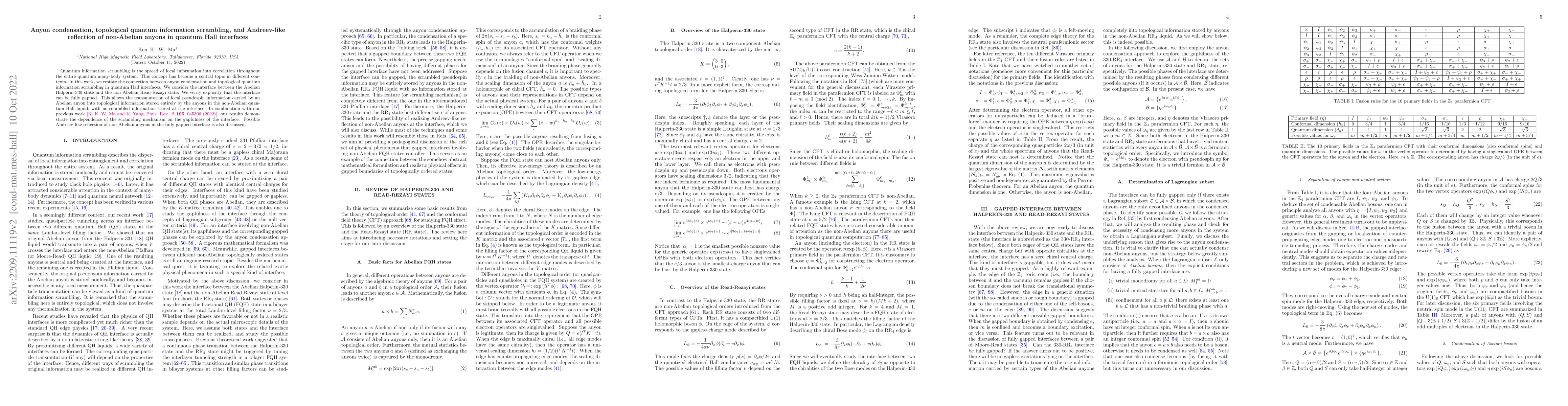 Thumbnail for Anyon condensation, topological quantum information scrambling, and
  Andreev-like reflection of non-Abelian anyons in quantum Hall interfaces