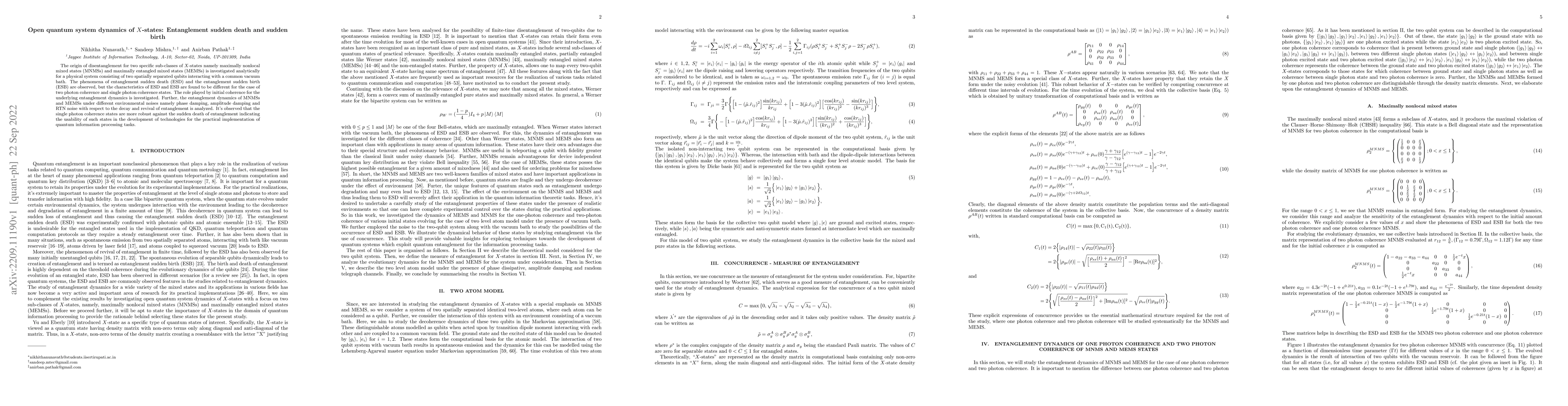 Thumbnail for Open quantum system dynamics of $X$-states: Entanglement sudden death
  and sudden birth