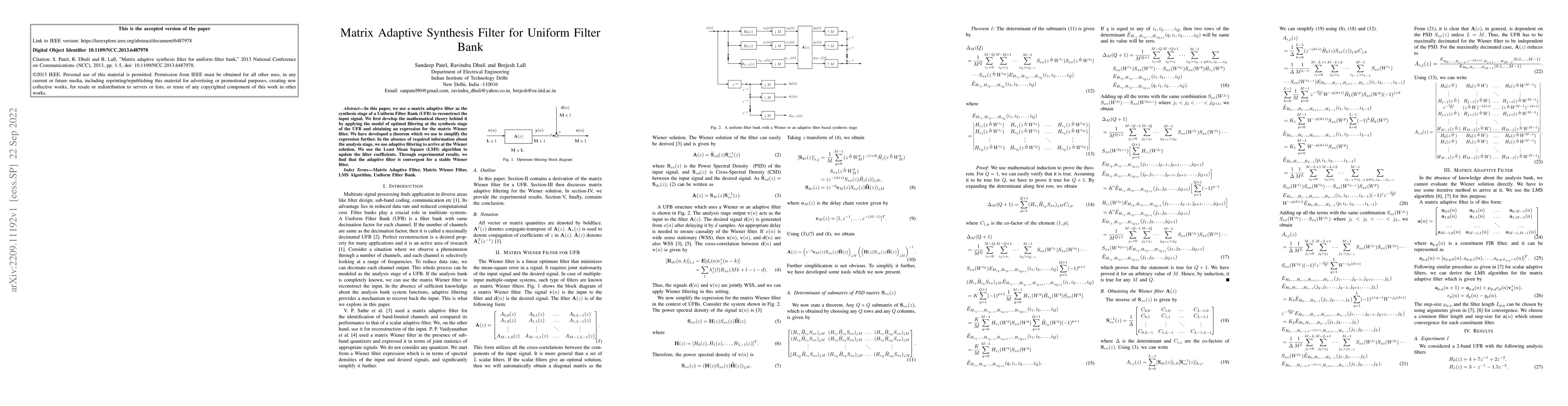 Thumbnail for Matrix Adaptive Synthesis Filter for Uniform Filter Bank