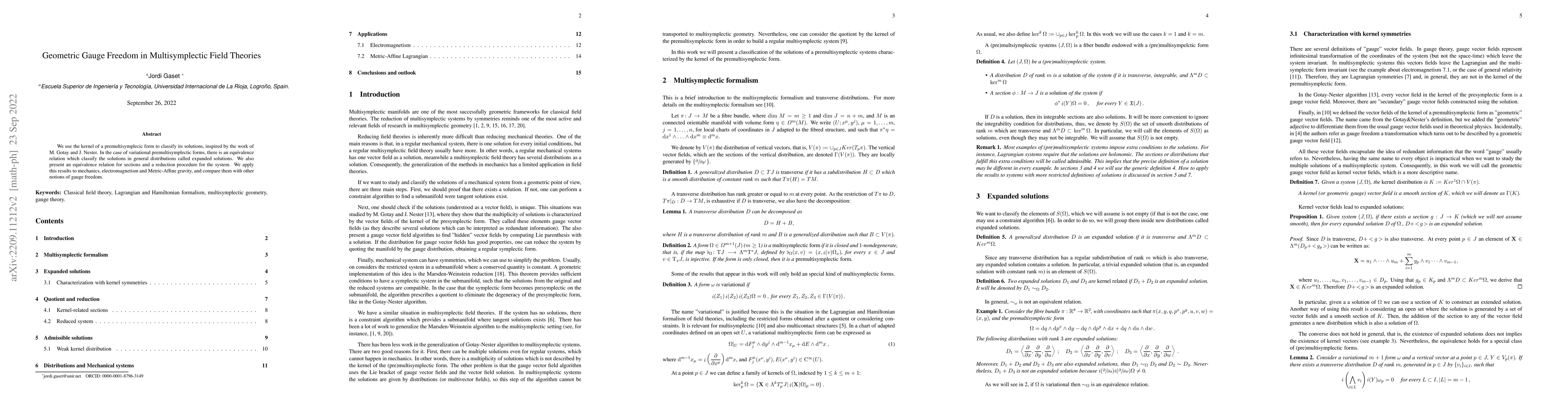 Thumbnail for Geometric Gauge Freedom in Multisymplectic Field Theories