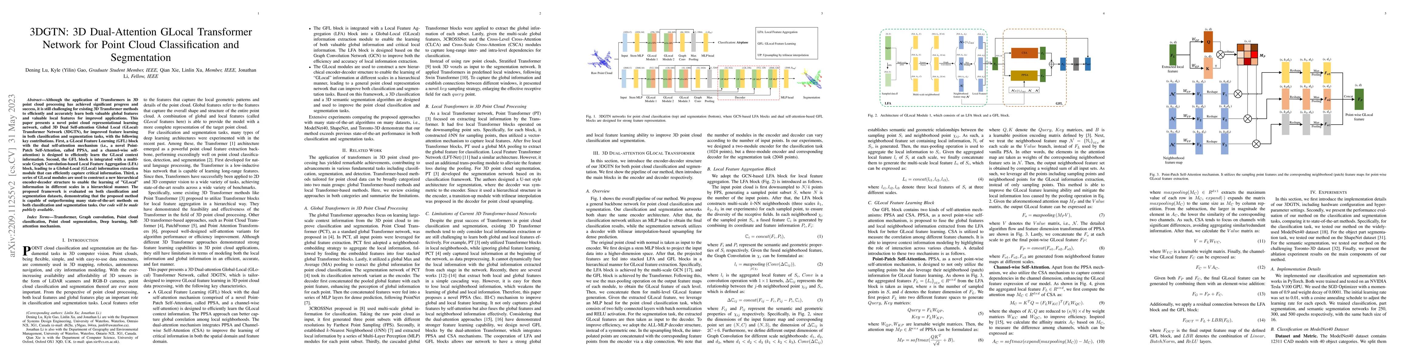 Thumbnail for 3DGTN: 3D Dual-Attention GLocal Transformer Network for Point Cloud
  Classification and Segmentation