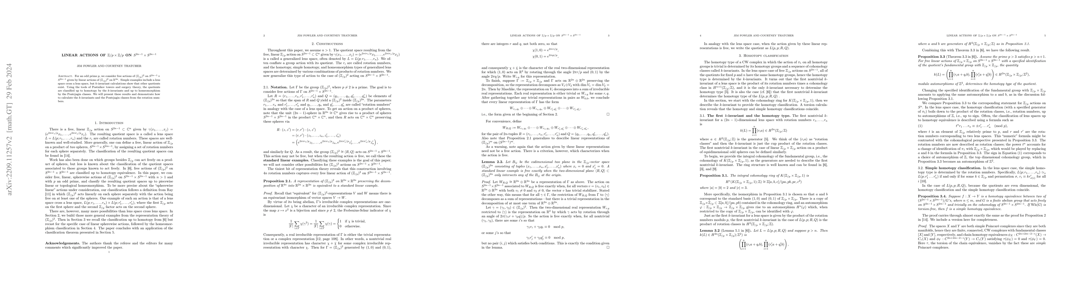 Thumbnail for Linear actions of $\mathbb{Z}/p\times\mathbb{Z}/p$ on $S^{2n-1}\times
  S^{2n-1}$