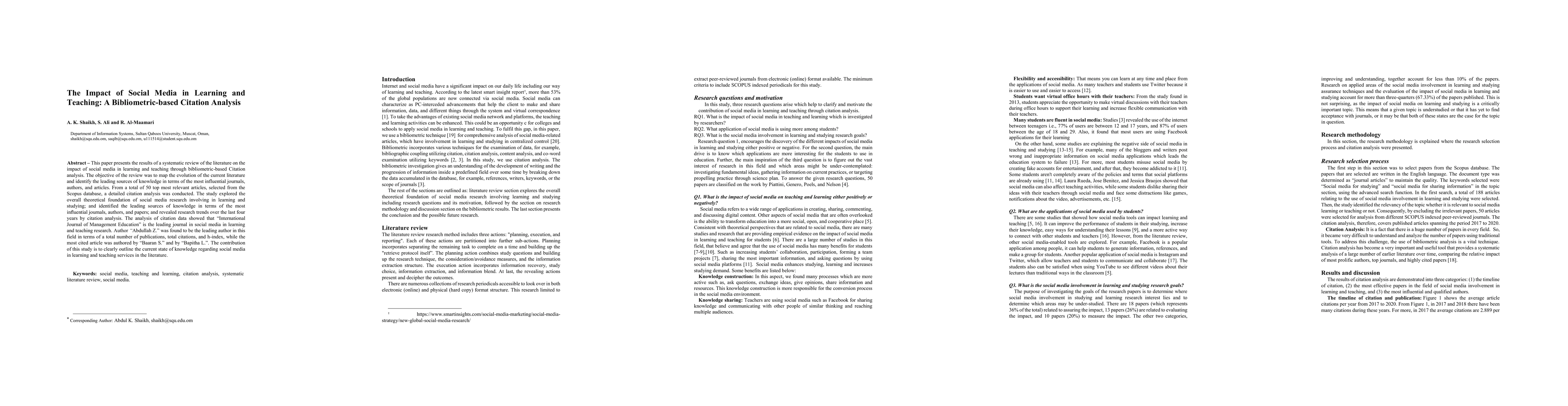 Thumbnail for The Impact of Social Media in Learning and Teaching: A
  Bibliometric-based Citation Analysis