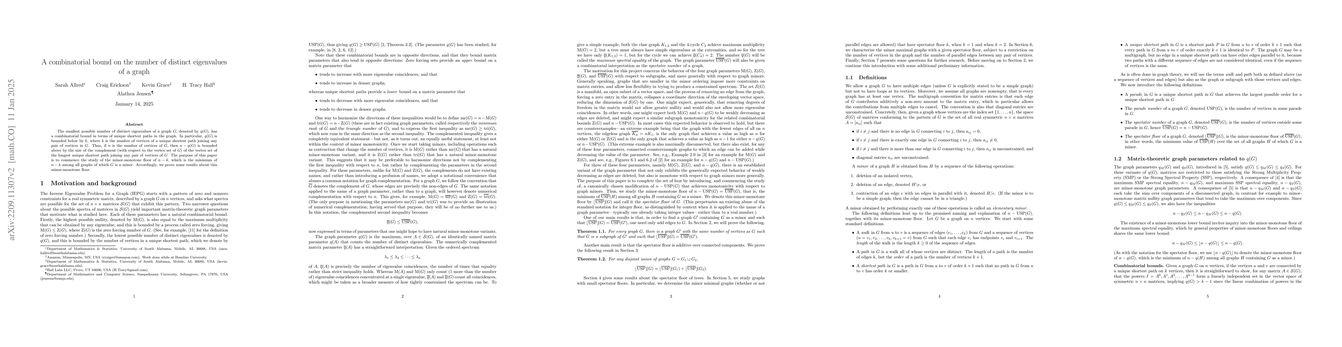 Thumbnail for A combinatorial bound on the number of distinct eigenvalues of a graph