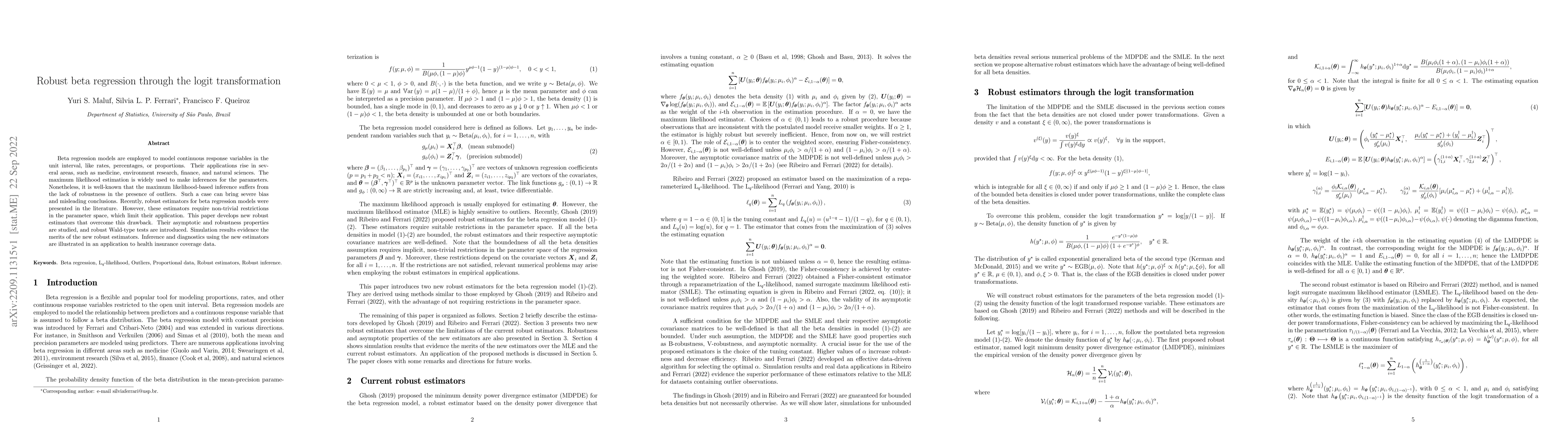 Thumbnail for Robust beta regression through the logit transformation