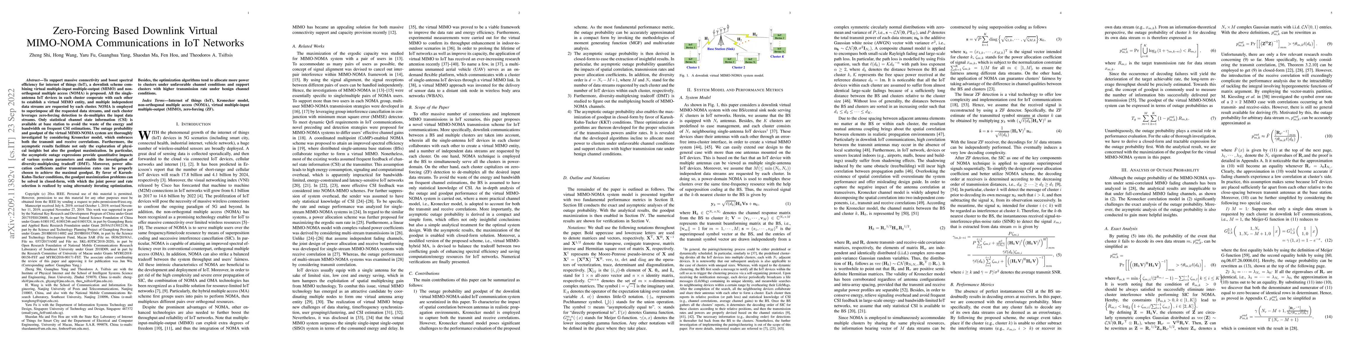 Thumbnail for Zero-Forcing Based Downlink Virtual MIMO-NOMA Communications in IoT
  Networks