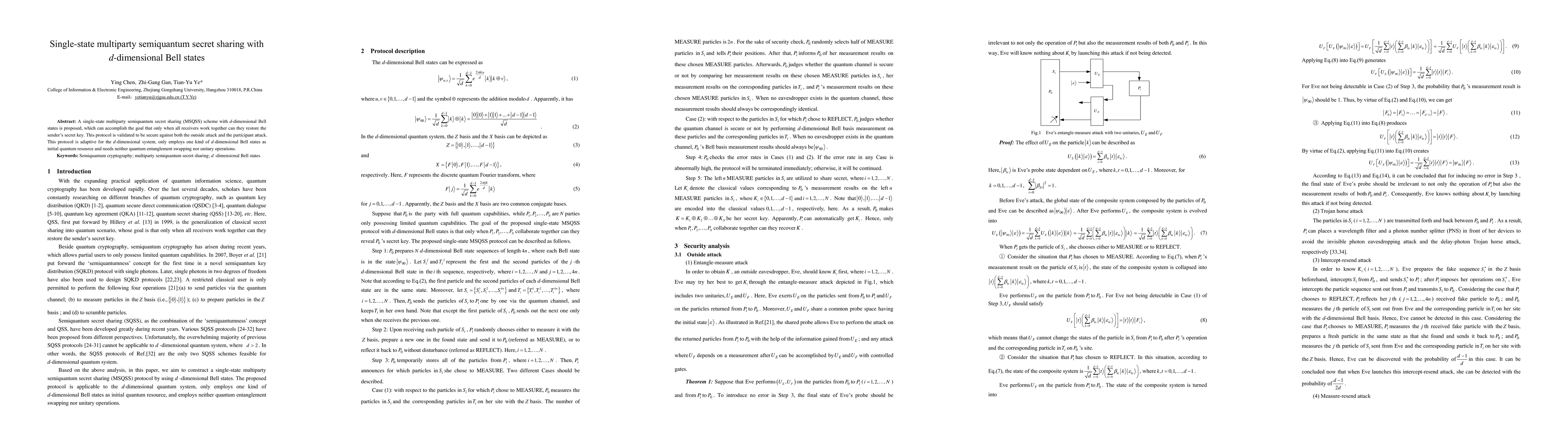 Thumbnail for Single-state multiparty semiquantum secret sharing with d-dimensional
  Bell states