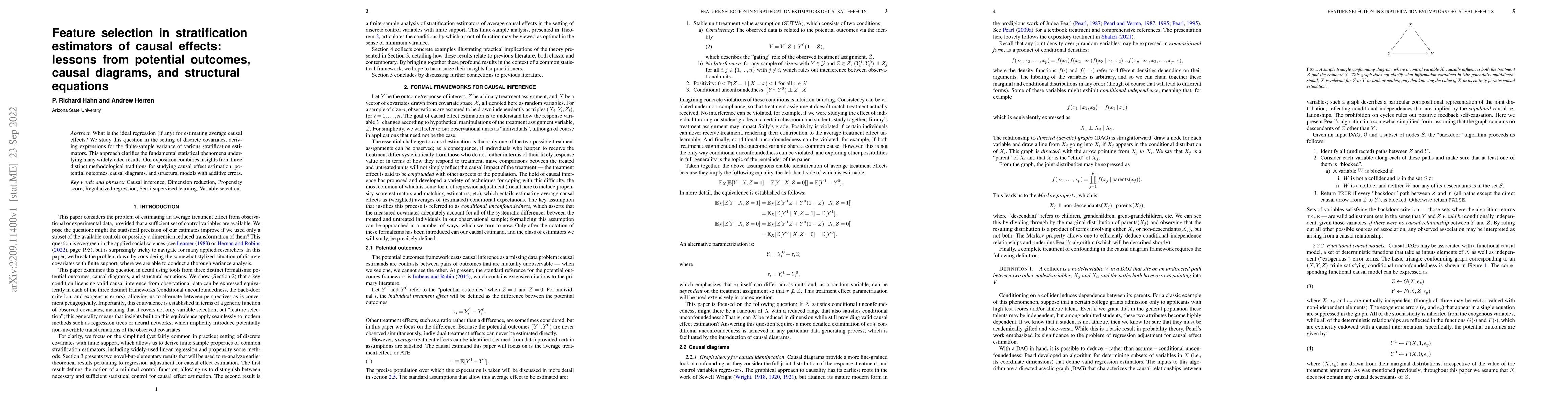 Thumbnail for Feature selection in stratification estimators of causal effects:
  lessons from potential outcomes, causal diagrams, and structural equations