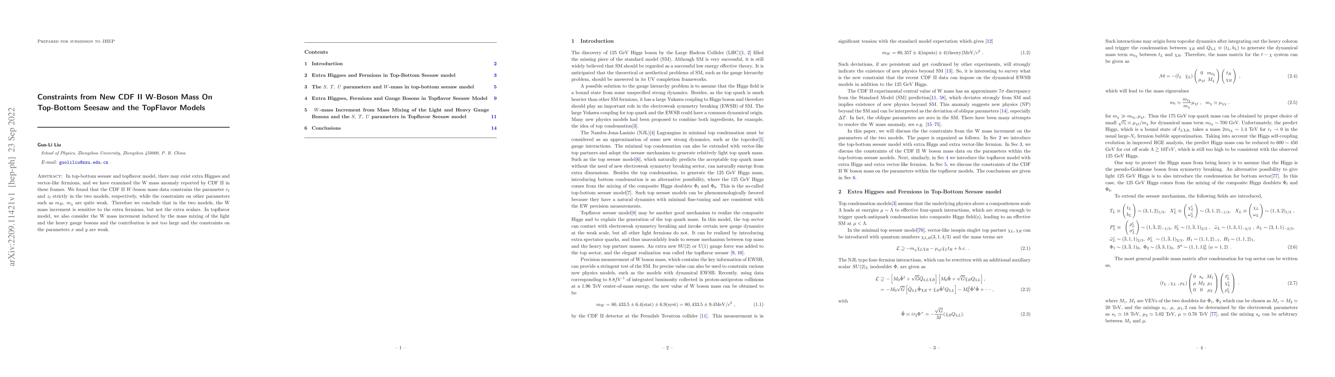 Thumbnail for Constraints from New CDF II W-Boson Mass On Top-Bottom Seesaw and the
  TopFlavor Models