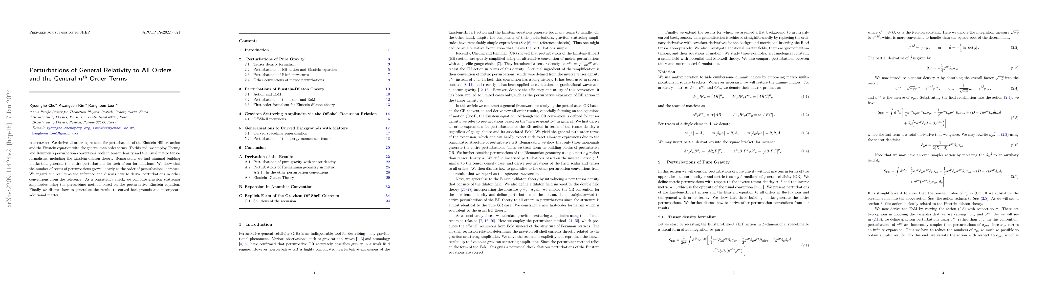 Thumbnail for Perturbations of General Relativity to All Orders and the General
  $n^{\rm th}$ Order Terms