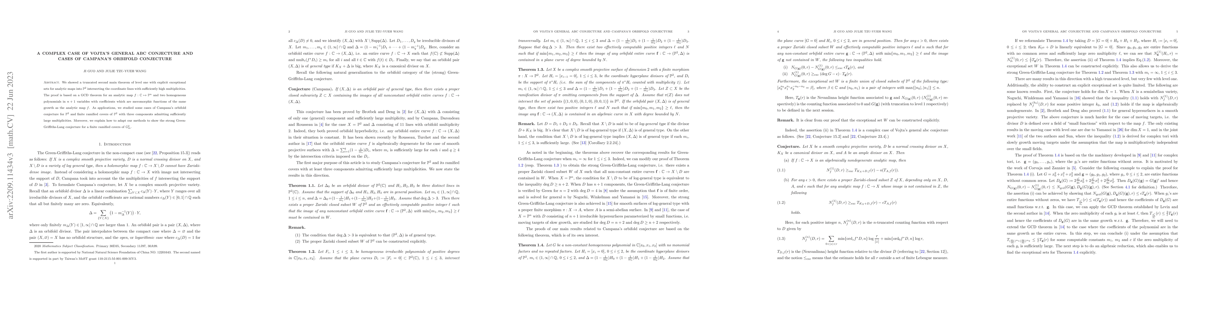 Thumbnail for A complex case of Vojta's general abc conjecture and cases of Campana's
  orbifold conjecture
